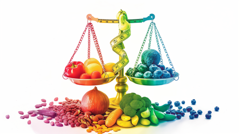 balanced scale, with one side holding fruits, vegetables, whole grains