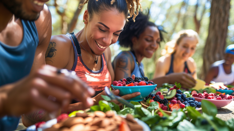 a diverse group of athletes enjoying a colorful variety of antioxidant-rich foods like berries, nuts, and spinach