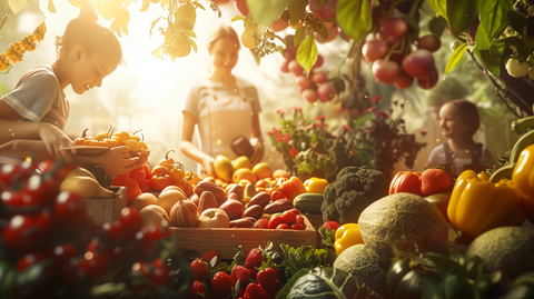 diverse group of people in a sunlit garden with fresh fruits and vegetables