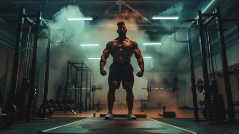 a man standing in a smokey, creatively lit gym, about to deadlift