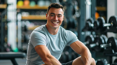 a fit man sitting on a weight bench at the gym smiling