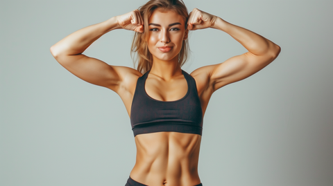 a woman flexing her abs and arms