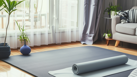 a living room with a workout mat rolled up