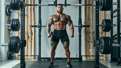 a muscular man standing in front of a squat rack