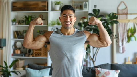 a muscular man flexing both biceps in his living room about to do an at-home workout