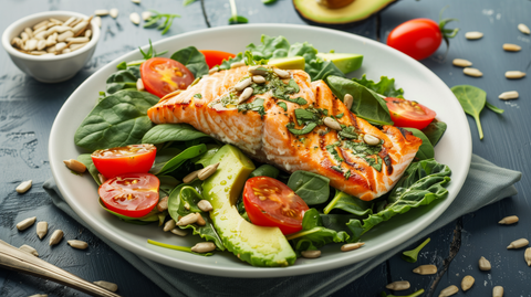 a magnesium-rich meal: a kale and spinach salad with grilled salmon, avocado, tomato and sunflower seeds