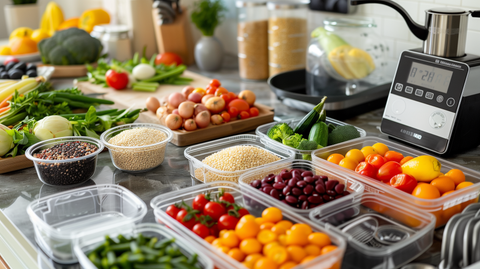 counter with a variety of colorful vegetables, fruits, whole grains, and legumes neatly arranged in meal prep containers, alongside a digital kitchen scale