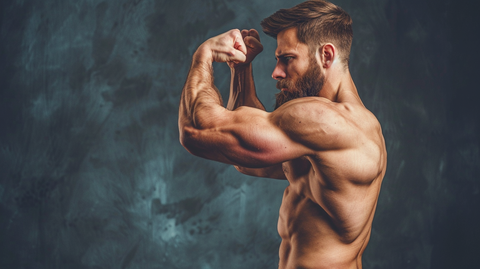 side profile of a muscular man with no shirt, flexing his bicep