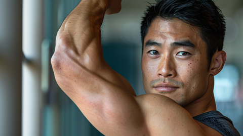 an Asian man holding up his arm, flexing his tricep muscles 