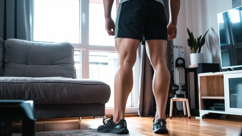 a man wearing workout shorts, standing in his living room with his back to the camera, so his glutes can be seen