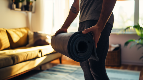 a man standing in the living room, holding a rolled up fitness mat