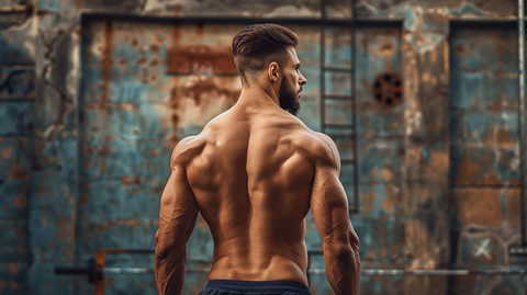 A muscular man standing with his back to the camera, showing his back muscles
