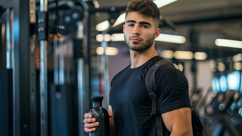 a young man at they gym holding a shaker