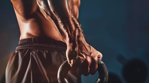 a muscular man holding a kettlebell