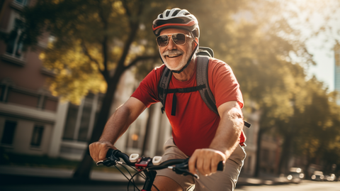 an older man with gray hair riding his bike through the neighborhood and smiling
