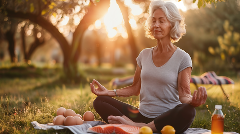  a middle-aged woman practicing yoga in a serene park