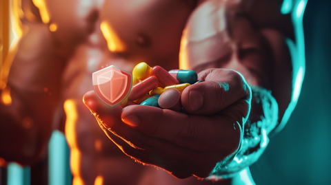 muscular arm holding a handful of colorful multivitamins, with a shield symbol glowing