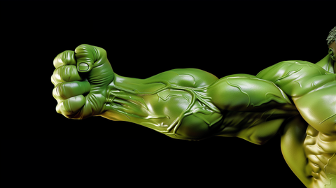 an extended arm that is muscular and flexed and green like the Hulk