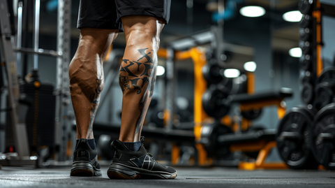  muscular man performing standing calf raises at a gym