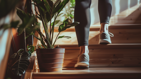 a person performing calf raises on a staircase at home