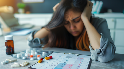 a person sitting at a desk, looking fatigued with a slight headache, a bottle of B12 supplements nearby, and a calendar marked with daily supplement intake