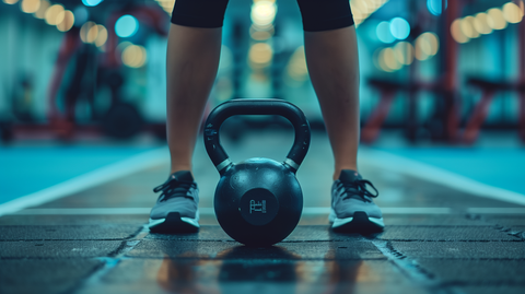 person standing in a gym with a kettlebell in front of them