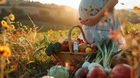 pregnant woman in a field, basket of vibrant fruits and vegetables, with a bottle of prenatal vitamins 