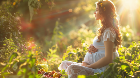 a pregnant woman in a serene nature setting
