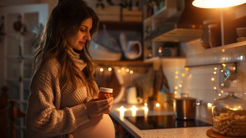 a pregnant woman looking thoughtfully at a bottle of prenatal vitamins
