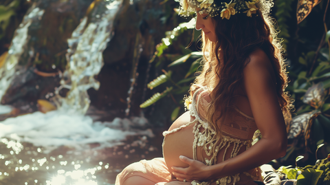 a radiant pregnant woman with lustrous, long hair and strong, healthy nails, against a backdrop of flowing water and green, leafy plants