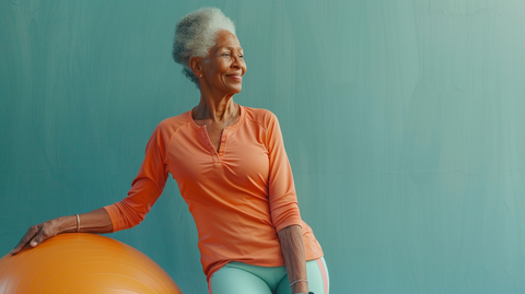  a senior woman wearing comfortable athletic wear, standing next to an exercise ball and smiling