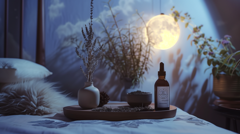 serene bedroom with moonlight, a bottle of organic herbal sleep aid on a nightstand, surrounded by gentle herbs