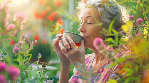 a serene, middle-aged woman sipping tea in a tranquil garden