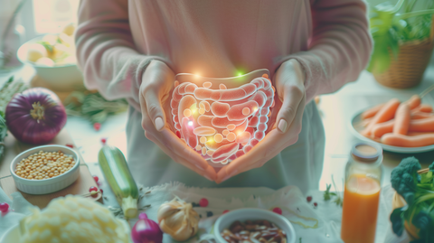 erene person holding a transparent stomach filled with glowing, friendly bacteria,