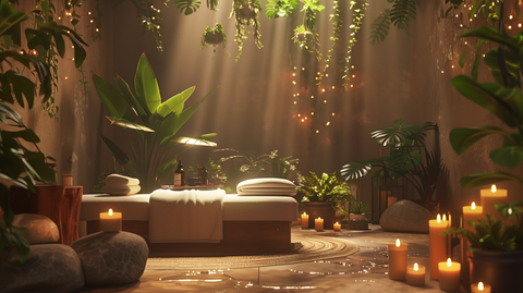 massage table, candles, plants