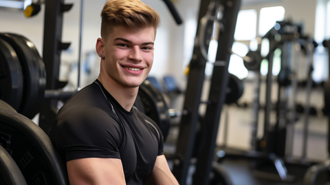 a young man leaning against an arm machine at the gym, looking at the camera and smiling