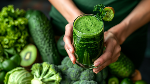 slim, happy person holding a glass of vibrant green smoothie, with a background of assorted green vegetables and fruits,