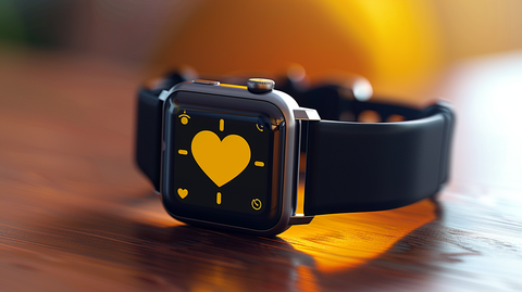 a smart watch with a yellow heart icon on the display