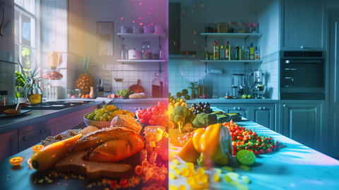 a split-view kitchen, one side has plain foods (rice, bread, pasta), the other side shows the same foods enriched with colorful vitamins