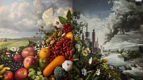 a split scene: On one side, a healthy natural landscape with vibrant fruits and vegetables; on the other, a dull, grey factory discharging cloudy smoke