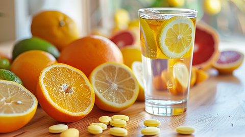 a few irons pills and a glass of water next to  oranges and grapefruit