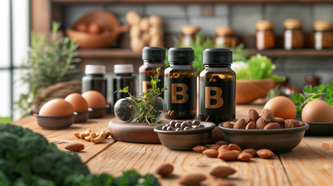  a variety of B-complex supplement bottles neatly arranged on a wooden table