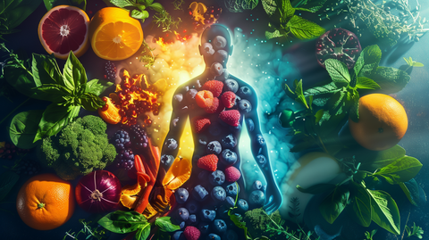  colorful fruits and vegetables rich in antioxidants, like blueberries, oranges, and spinach, arranged around a glowing human silhouette