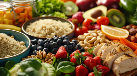  variety of gluten-free foods such as bowls of brown rice, quinoa, fresh fruits, vegetables, nuts, and grilled chicken