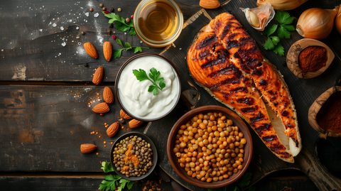 a variety of high-protein foods: grilled chicken breast, salmon fillet, a bowl of lentils, Greek yogurt, and a handful of almonds