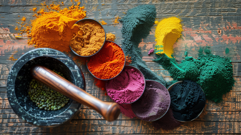 a variety of vibrant, powdered superfoods (like spirulina, turmeric, and beetroot)