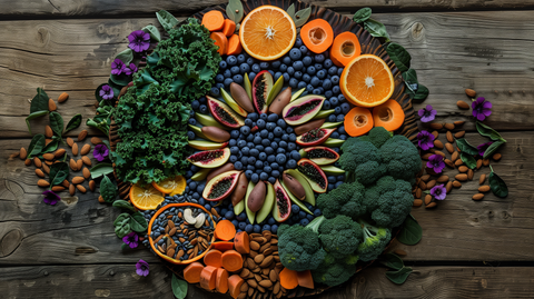 a vibrant, colorful assortment of vegan foods rich in vitamins: kale, broccoli, almonds, sunflower seeds, sweet potatoes, oranges, and blueberries