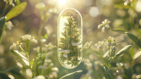 a vibrant, flourishing herb encapsulated within a translucent pill