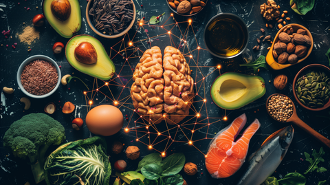  vibrant, healthy brain surrounded by keto-friendly foods like avocados, nuts, and salmon, with connecting neurons