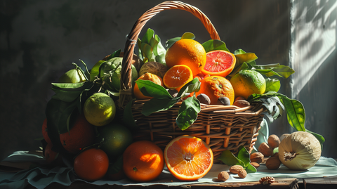 a vibrant, overflowing basket of citrus fruits, dark leafy greens, and nuts